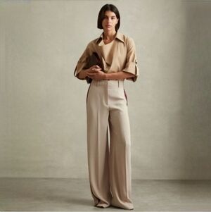 REISS Elowen Cotton Blend Collared Cowl Neck Shirt in Stone